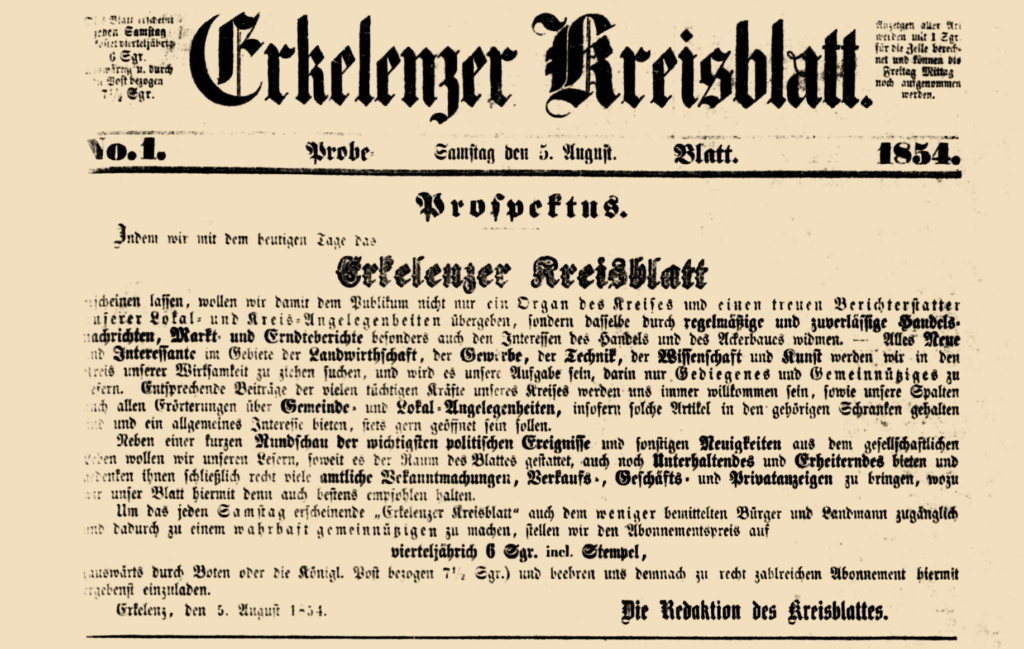 1854-08-05-Kopf Titelseite erste Ausgabe Erkelenzer Kreisblatt