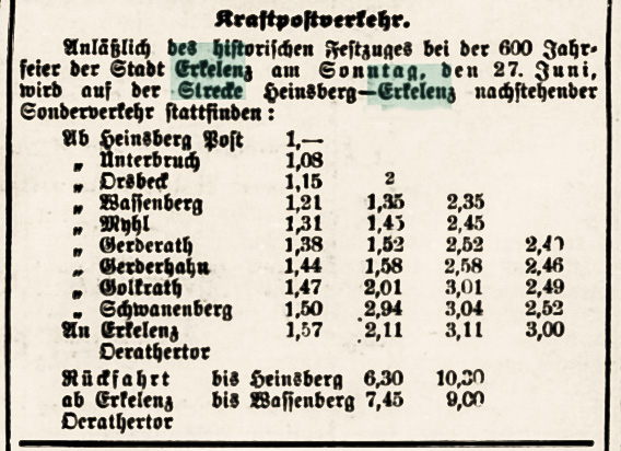 1926-06-26-Heinsberger Volkszeitung 600 Jahre Erkelenz Sonderbusse